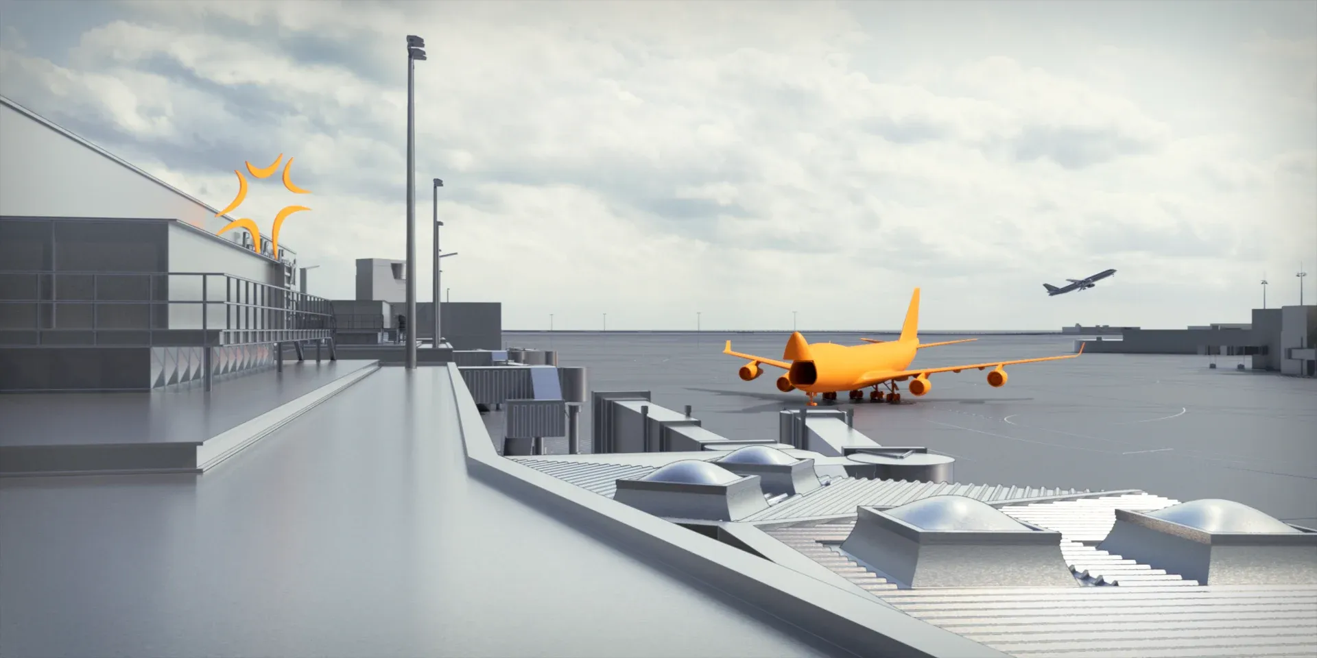 Airfield Scopes’ rendered airport panorama with an orange airplane highlighting one of the topics.