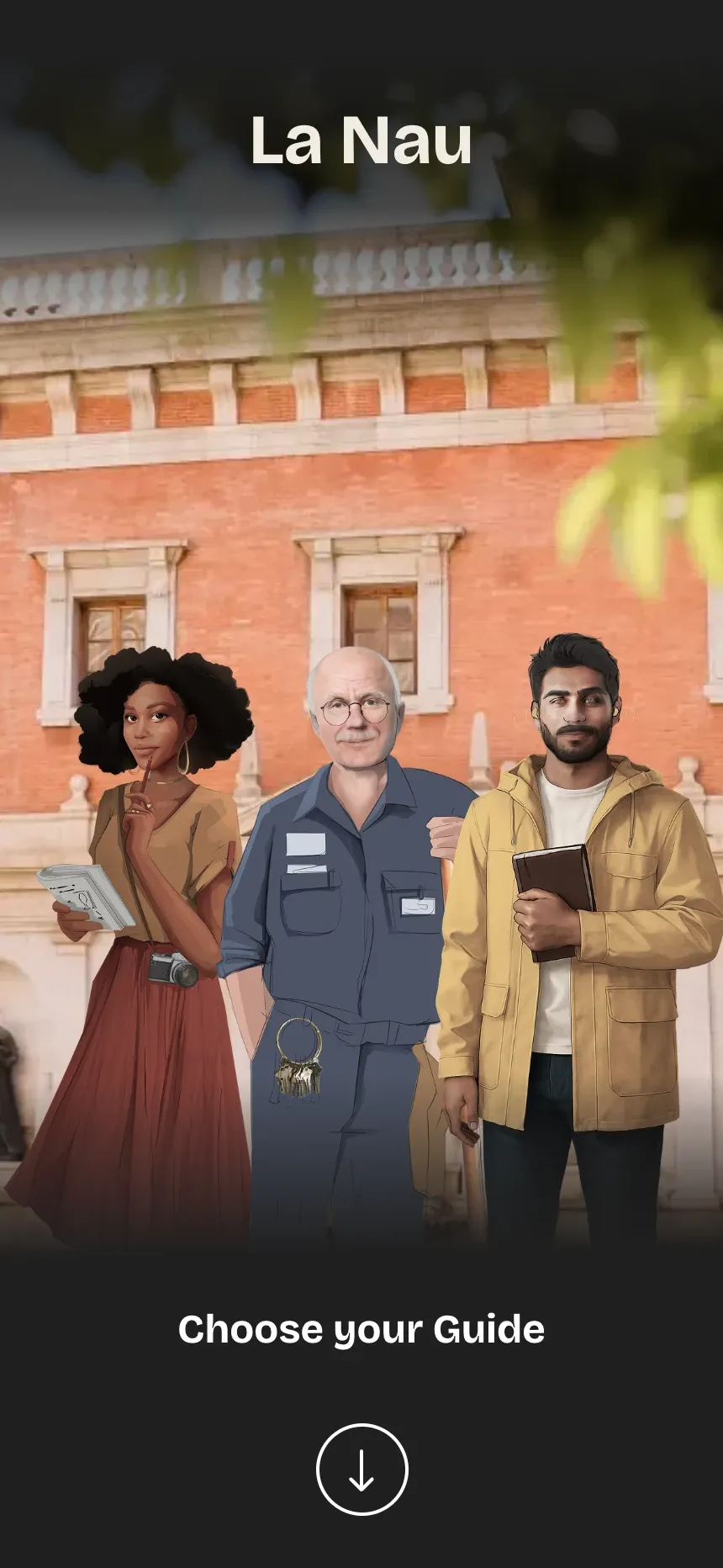 ChemiSee’s La Nau start screen with three illustrated characters and a Choose your Guide control.