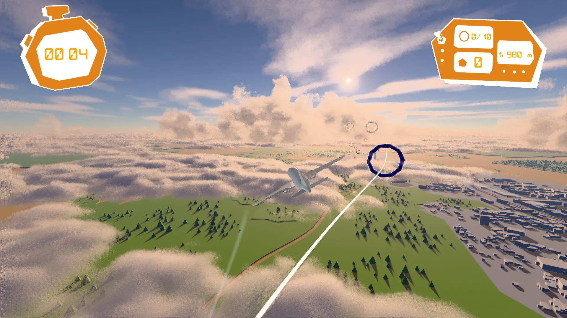 The flight game’s airplane approaches a course of rings in a bright, cloud-filled sky.