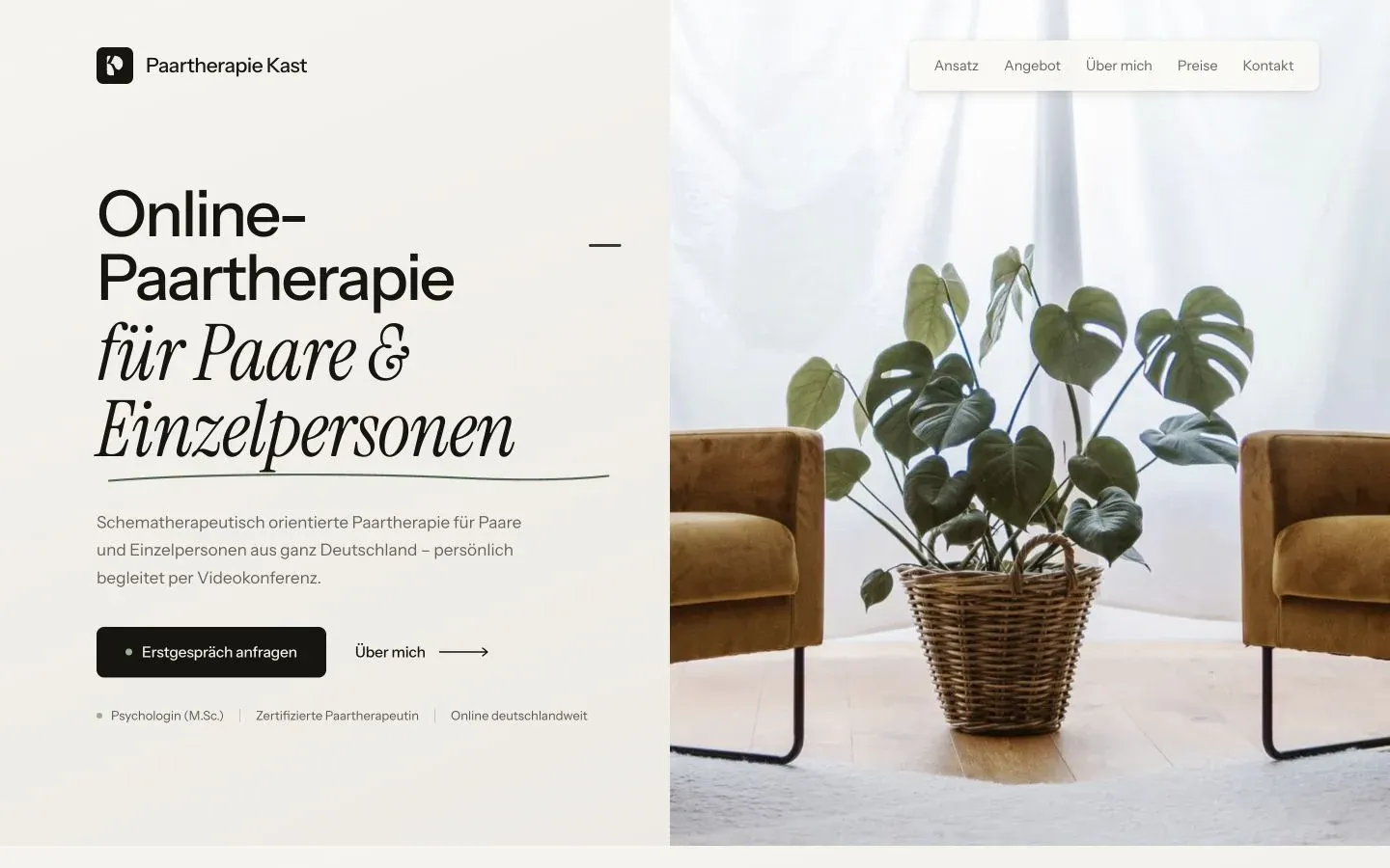 Paartherapie Kast homepage with warm neutral colors, editorial typography, and two chairs beside a plant.