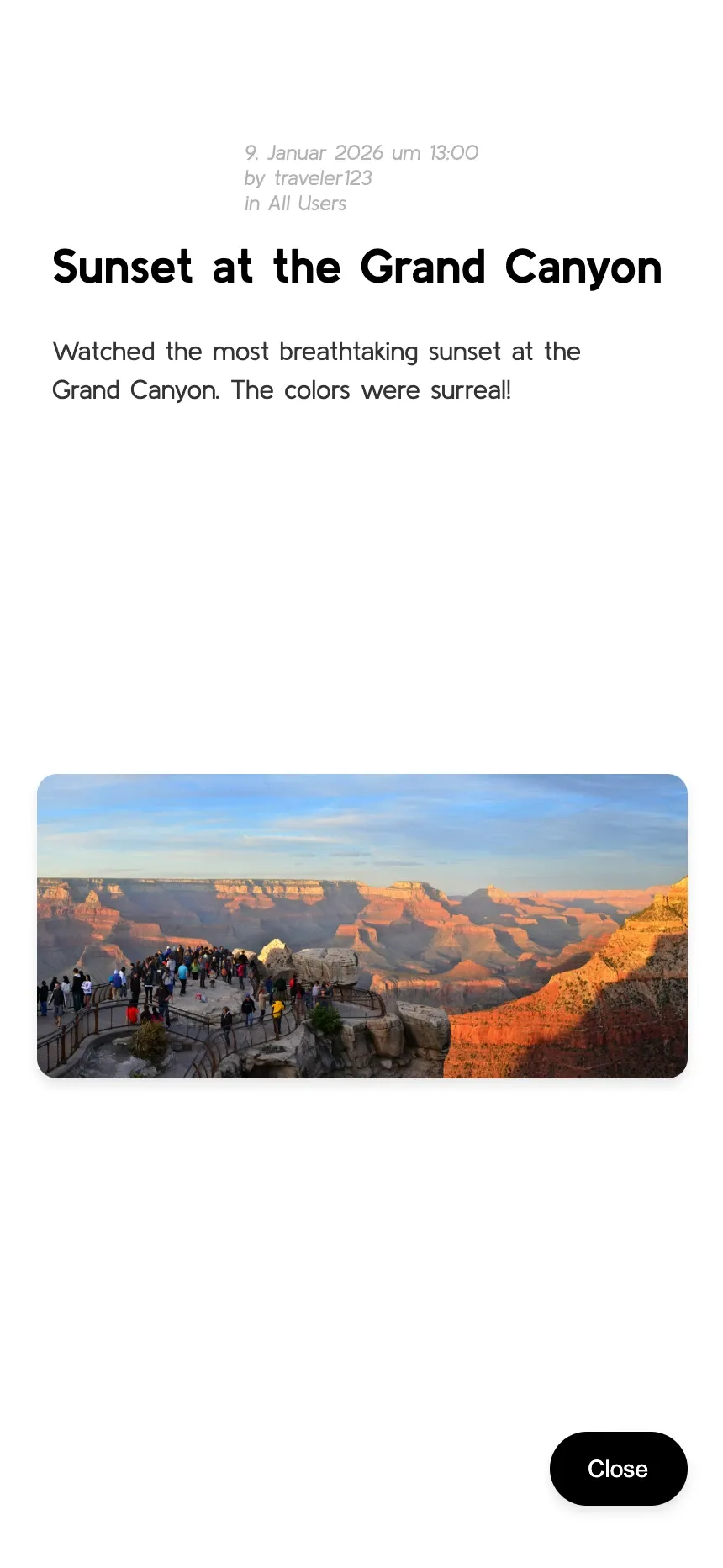 A demonstration Grand Canyon memory showing a title, author, group, story, and an illustrative sunset photograph.