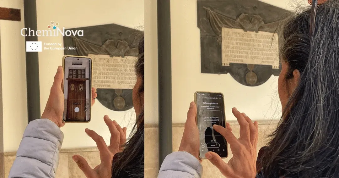 Official ChemiSee photographs show a participant photographing La Nau and the photo-task interface on a smartphone.