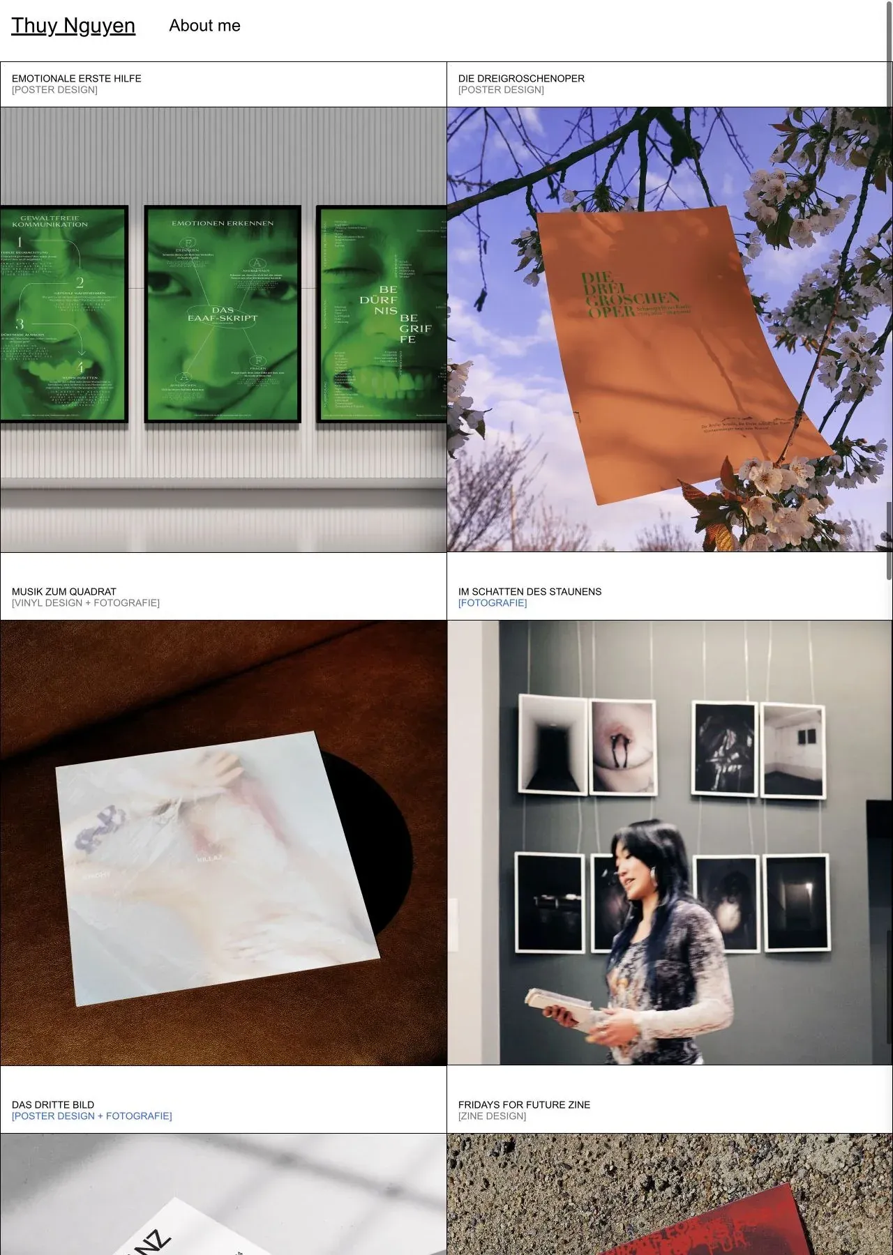 Thuy Nguyen portfolio showing a grid of graphic design and photography projects.